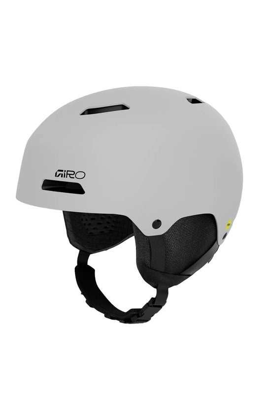 A matte light gray Giro ski helmet with black ventilation slots, black interior padding, and a black chin strap, shown against a plain white background.