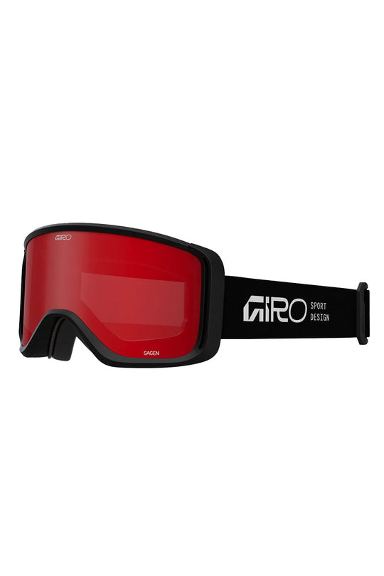 Giro ski goggles with a red lens and a black strap featuring the white Giro logo.