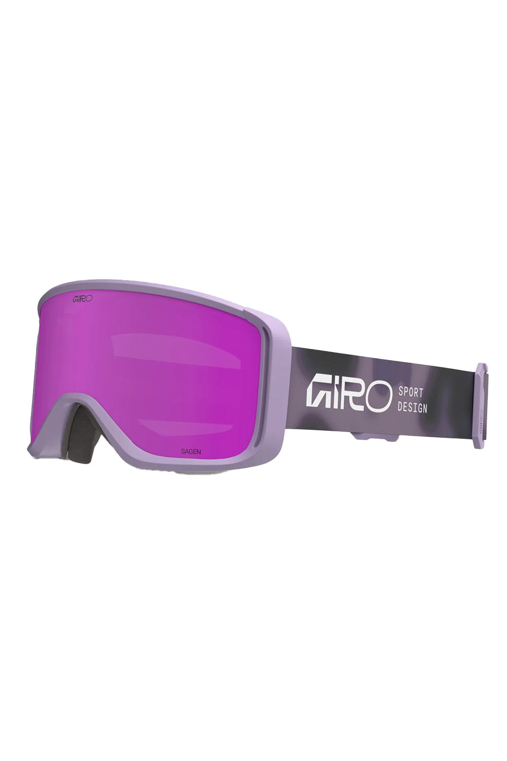 A pair of Giro ski goggles with a vibrant magenta-pink mirrored lens, a light purple frame, and a black strap featuring the white Giro logo.