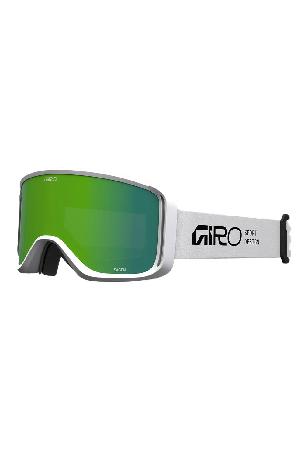 Giro ski goggles with a green mirrored lens, a white frame, and a white temple arm featuring the Giro logo.