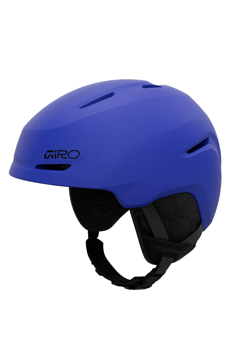 A matte blue Giro ski helmet with black interior padding and straps, shown from a side profile on a solid white background.