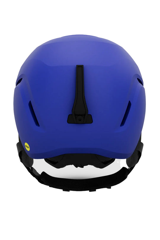 A matte blue ski helmet shown from the back, featuring a central black ventilation slot and a small yellow sticker on the lower left side, set against a plain white background.