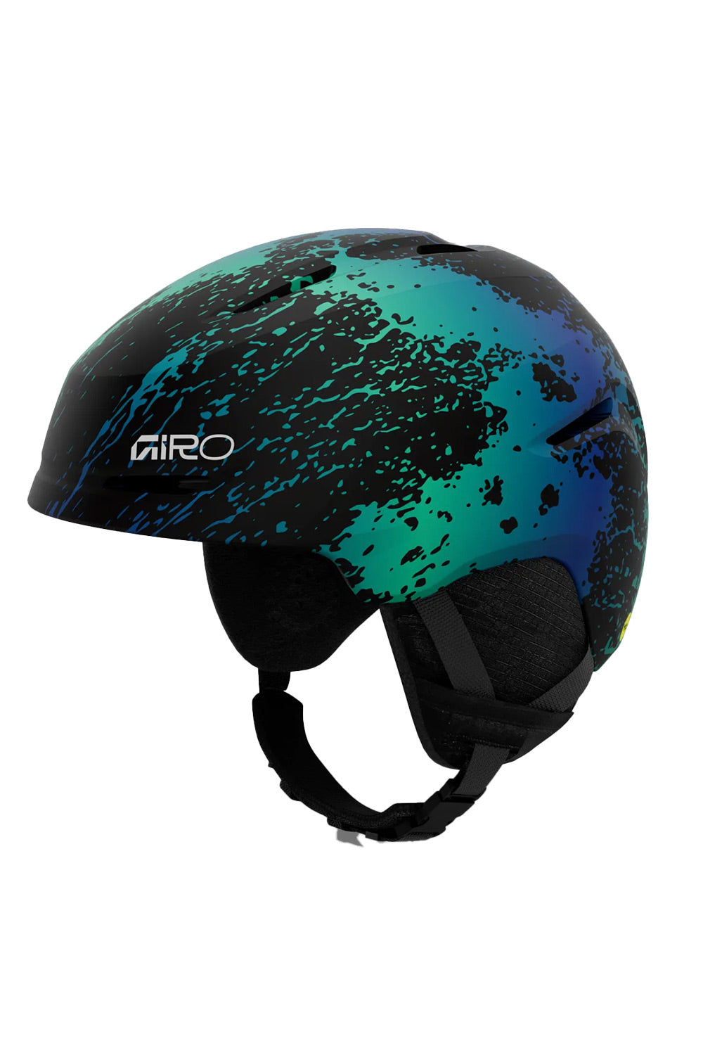 A Giro ski helmet featuring a black base with a vibrant teal and blue gradient splatter pattern, shown against a plain white background.