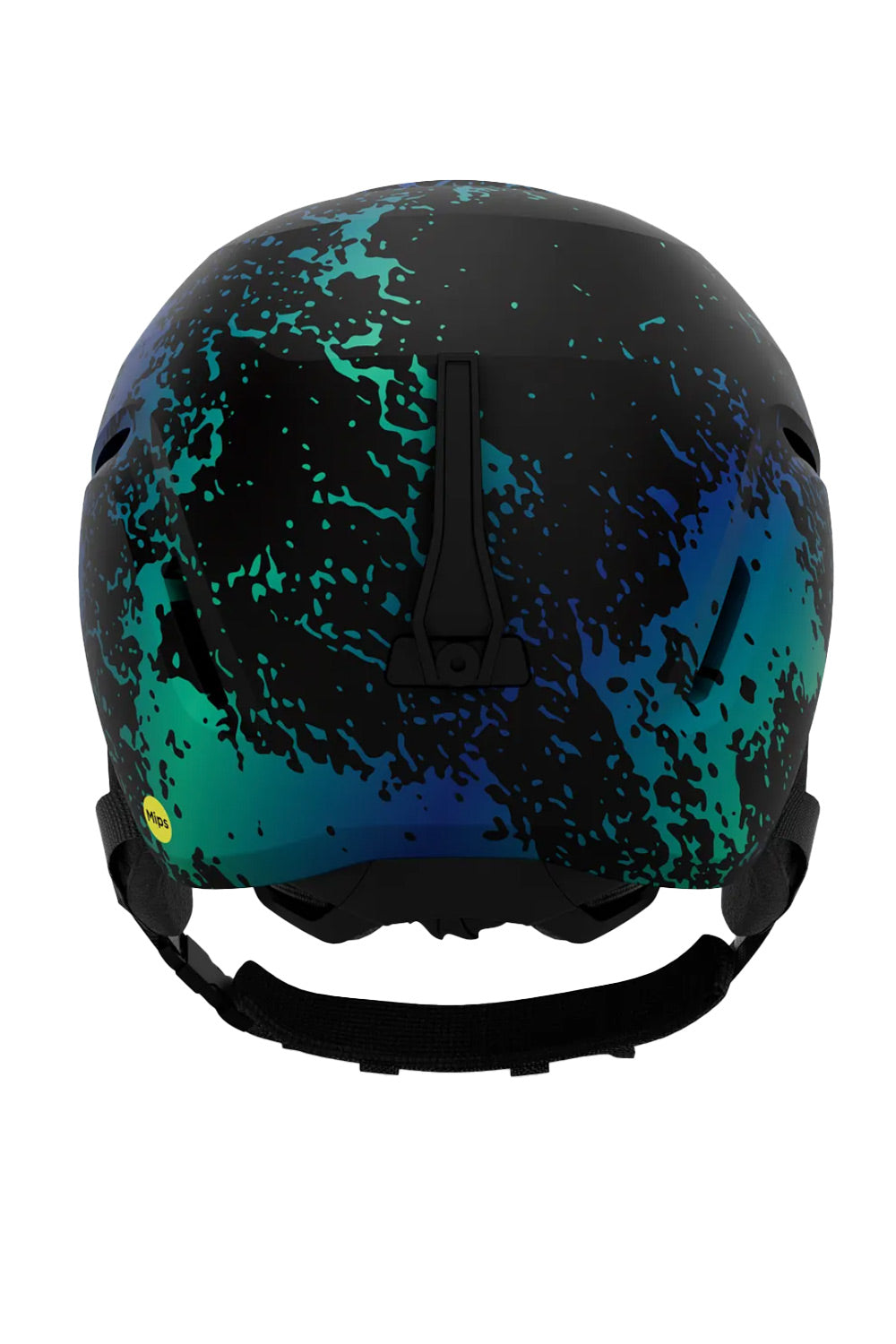 A ski helmet with a black base featuring a vibrant teal and blue splatter pattern, shown from the back against a solid white background.