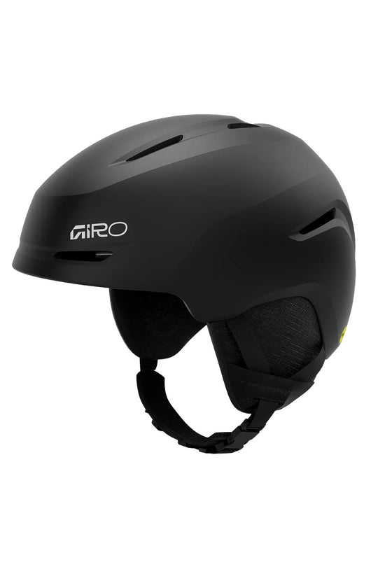 A matte black Giro ski helmet with white logo branding on the side, shown from a three-quarters angle against a plain white background.