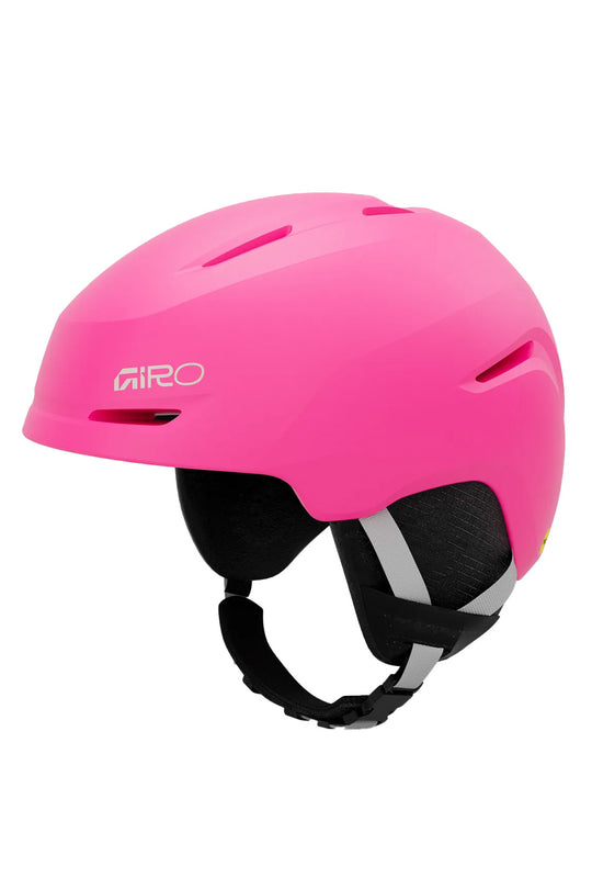 A bright pink Giro ski helmet with black and gray adjustable chin strap, shown from a three-quarters angle on a white background.