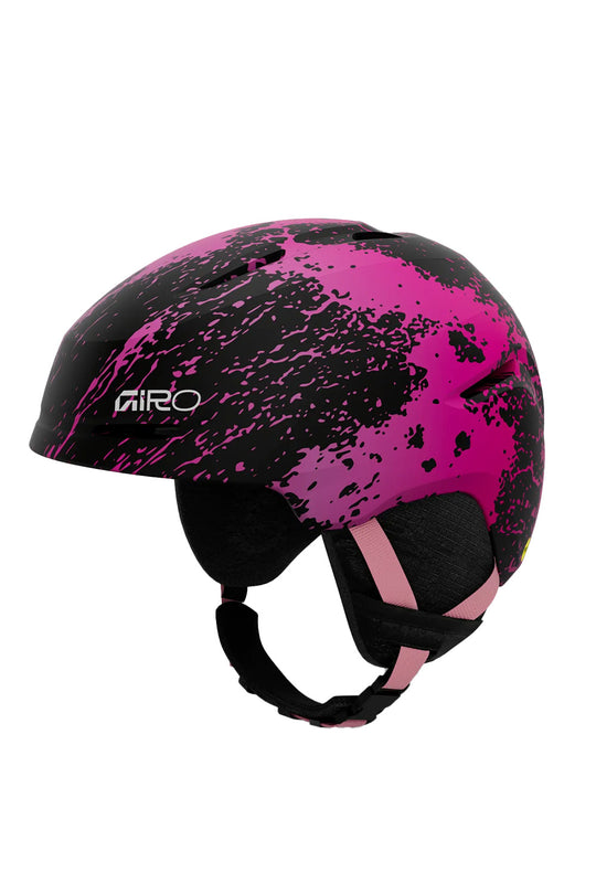 A Giro ski helmet featuring a black and vibrant pink paint splatter pattern, with a white Giro logo on the side and a black and pink adjustable chin strap, shown against a plain white background.