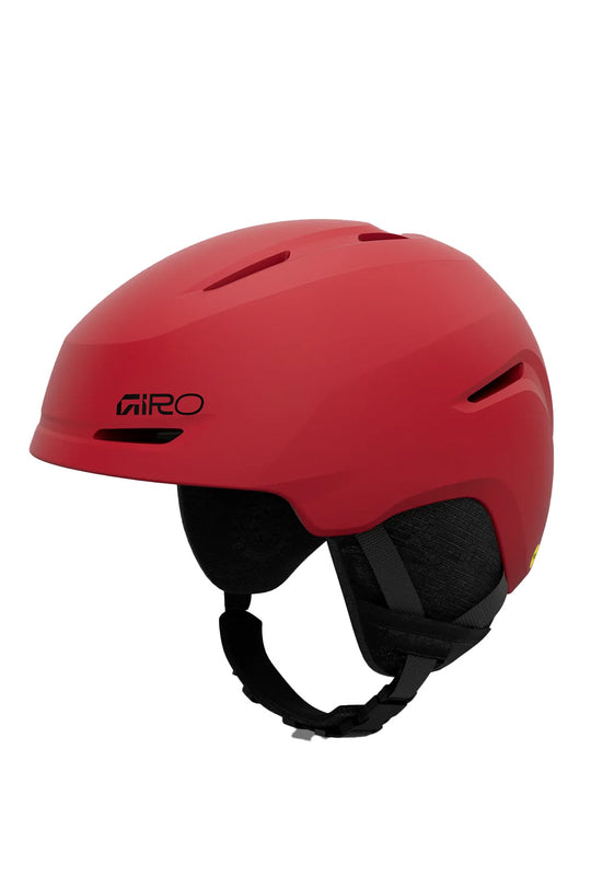 A matte red Giro ski helmet with black ear pads and chin strap, shown from a three-quarters angle on a white background.