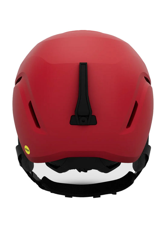 A matte red ski helmet shown from the back, featuring a black central vent and a small yellow sticker on the lower left side, set against a plain white background.