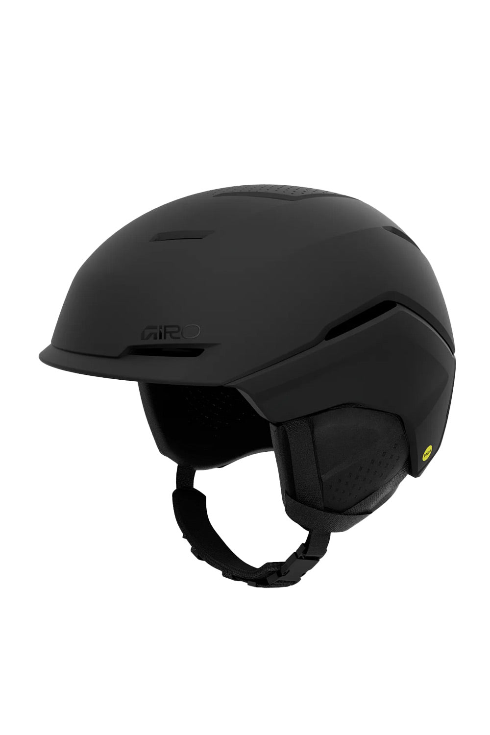 A matte black Giro ski helmet with integrated visor and black chin strap, shown from a three-quarters angle on a plain white background.