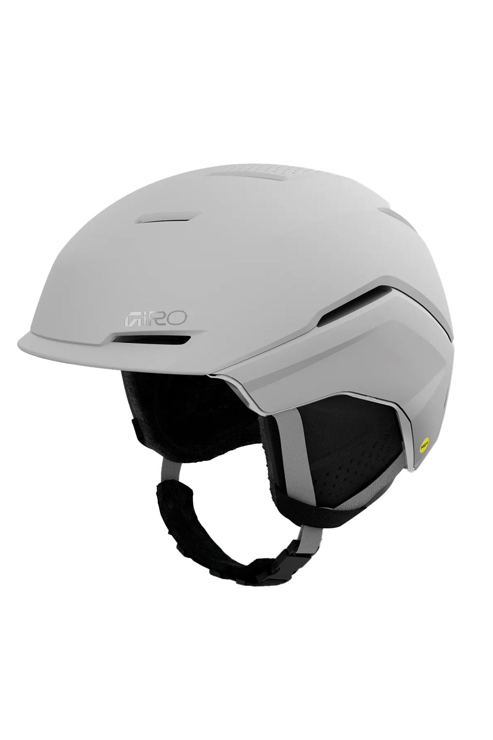 A matte light gray ski helmet with black interior padding and a black chin strap, shown from a three-quarters angle on a white background. The brand name 'GIRO' is visible on the side.