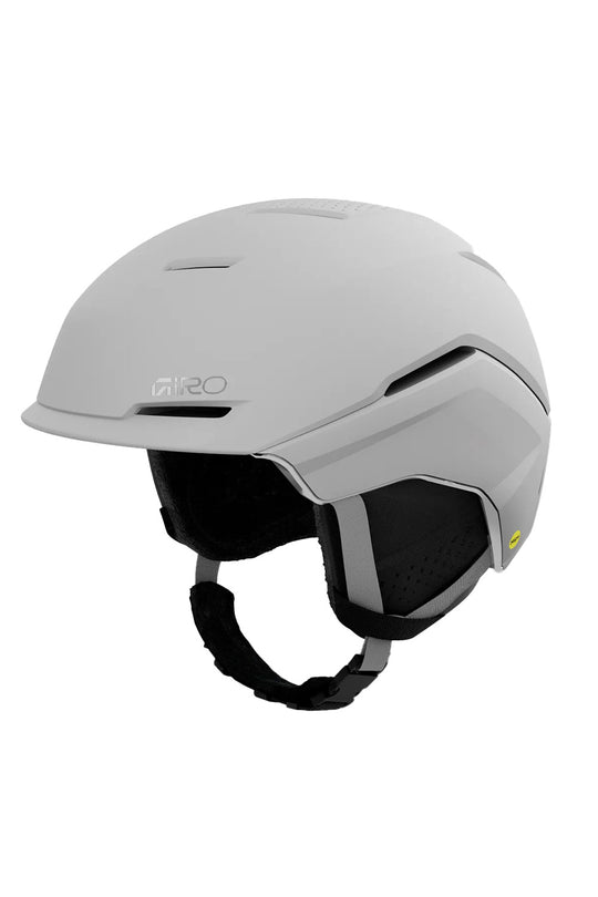 A matte light gray ski helmet with black interior padding and a black chin strap, shown from a three-quarters angle on a white background. The brand name 'GIRO' is visible on the side.