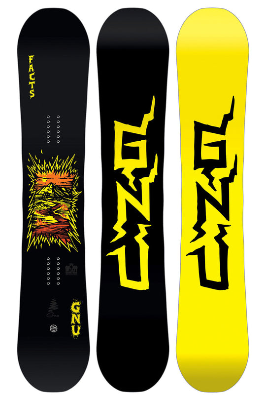 Three snowboards with black, yellow, and multicolor designs on a white background