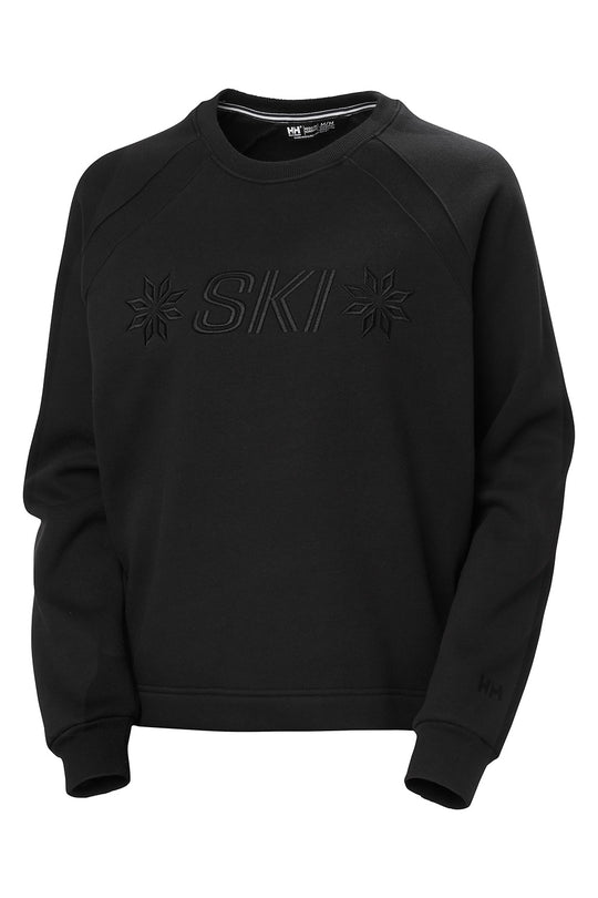 A black crewneck sweatshirt with raglan sleeves, featuring a tonal black 'SKI' logo with starburst motifs on the chest, displayed against a solid white background.