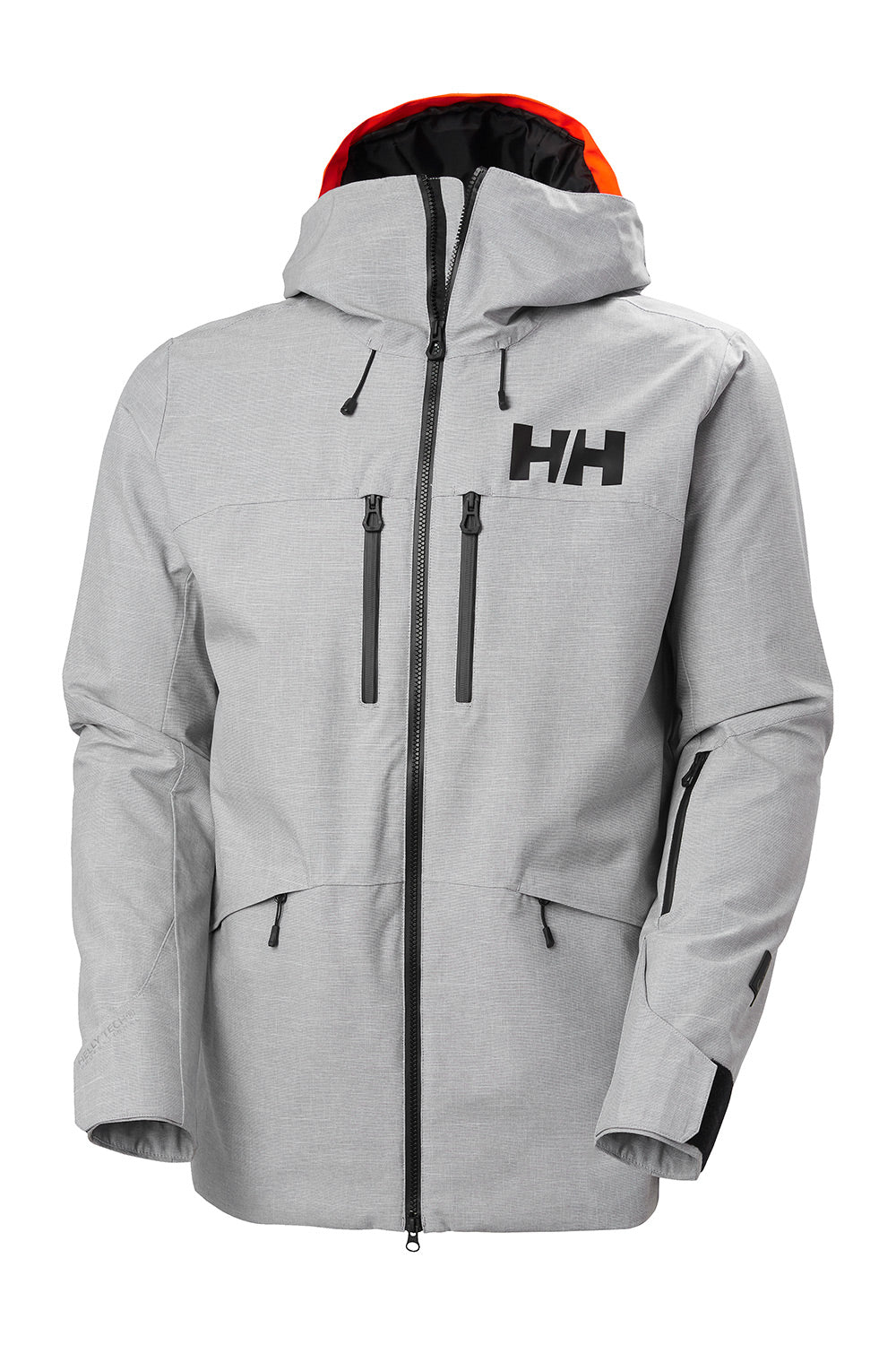 A light gray heathered hooded jacket with black zippers, a black Helly Hansen 'HH' logo on the left chest, and a bright orange lining visible inside the hood, shown against a plain white background.