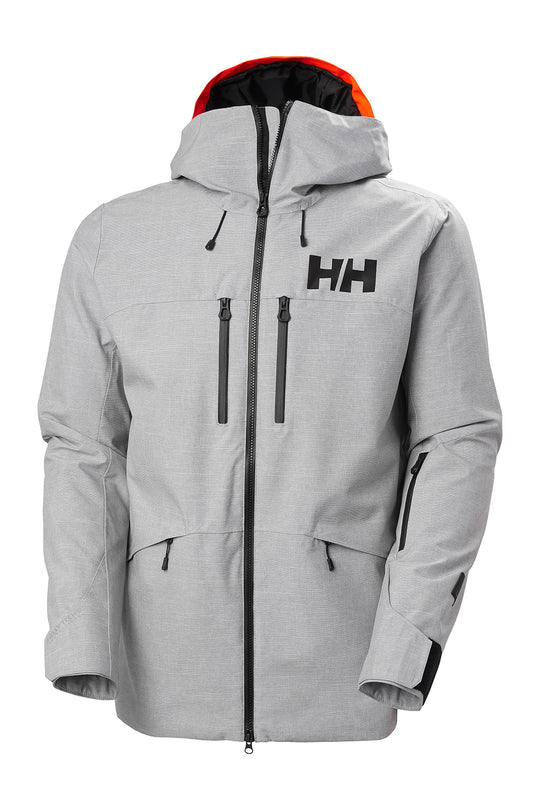 A light gray heathered hooded jacket with black zippers, a black Helly Hansen 'HH' logo on the left chest, and a bright orange lining visible inside the hood, shown against a plain white background.