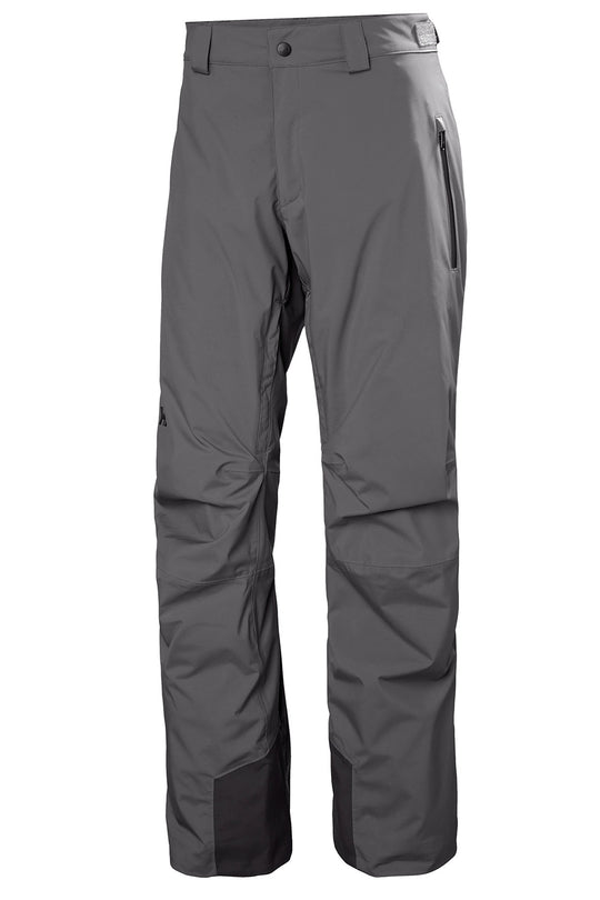 A pair of dark gray technical outdoor pants with a zippered pocket on the left thigh and reinforced panels near the lower legs, shown against a plain white background.