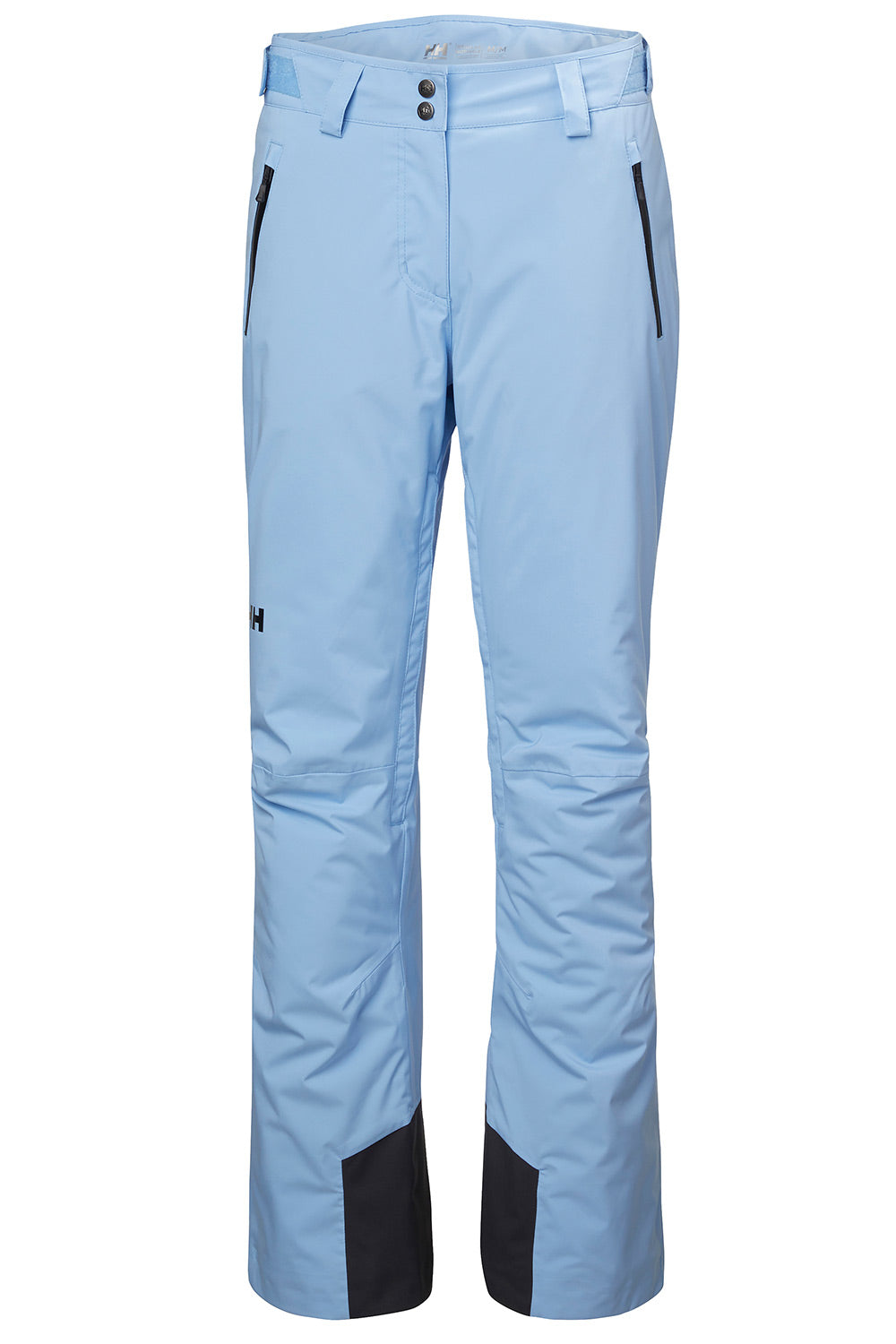Light blue ski pants with black contrast panels at the lower legs and zippered side pockets, shown against a plain white background.