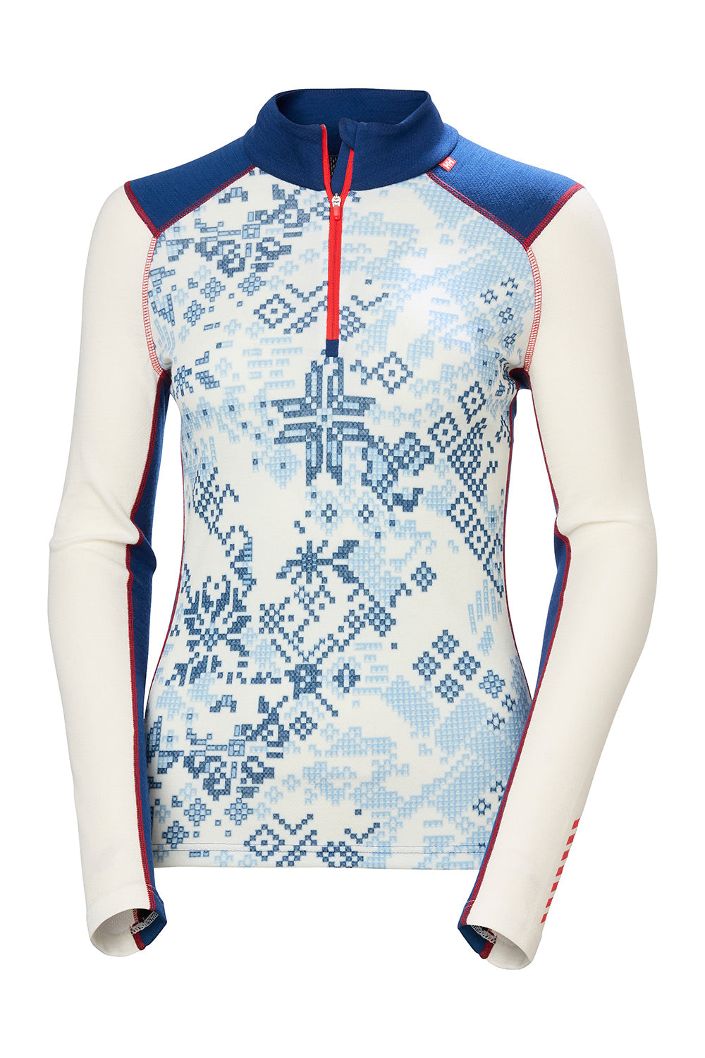 A women's long-sleeve quarter-zip athletic top with a Nordic snowflake pattern. The top features an off-white body with a blue snowflake motif, navy blue shoulders and collar, and red zipper and piping accents.