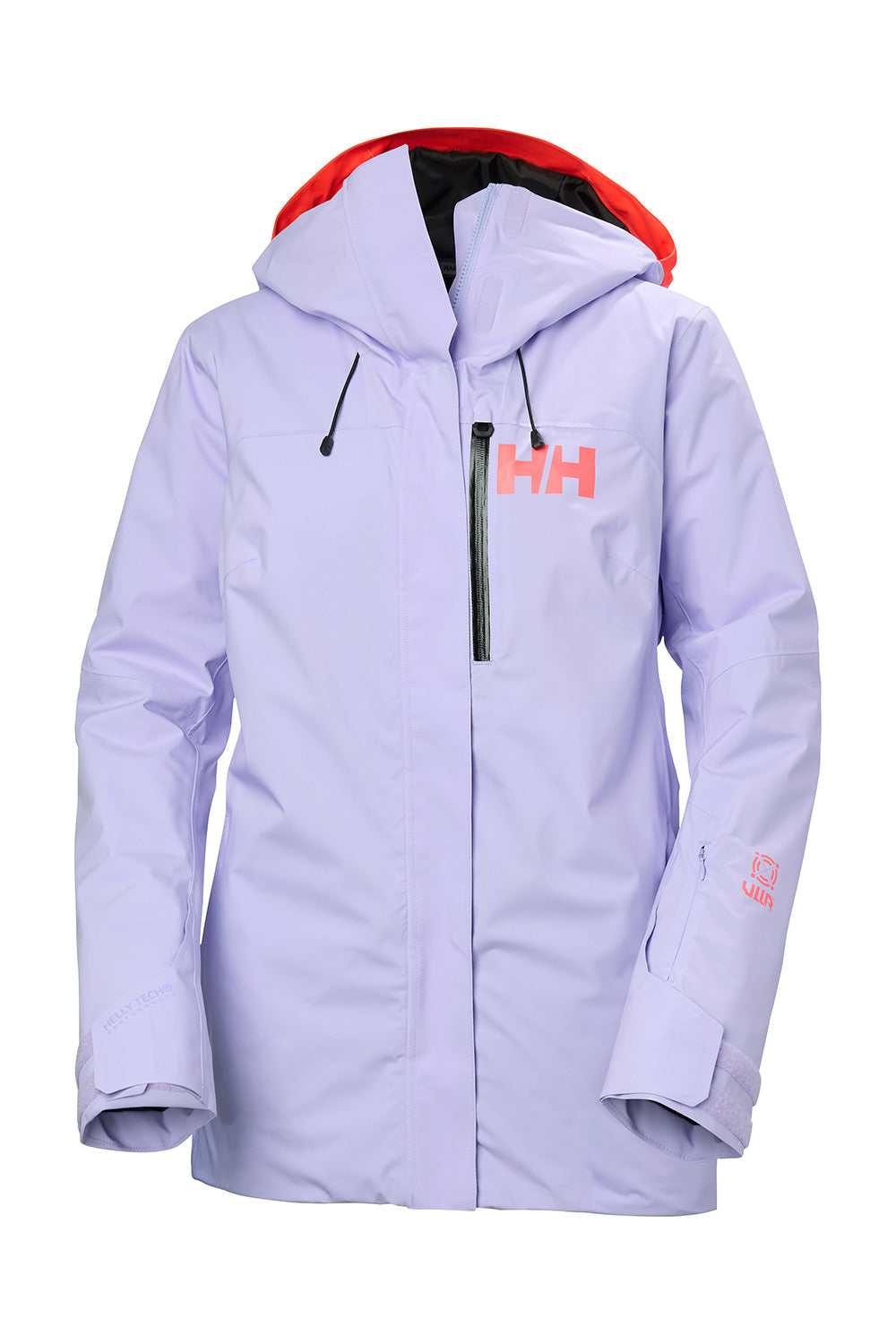 A light lavender Helly Hansen ski jacket with a bright red-orange hood lining and a matching red-orange 'HH' logo on the left chest, shown against a plain white background.