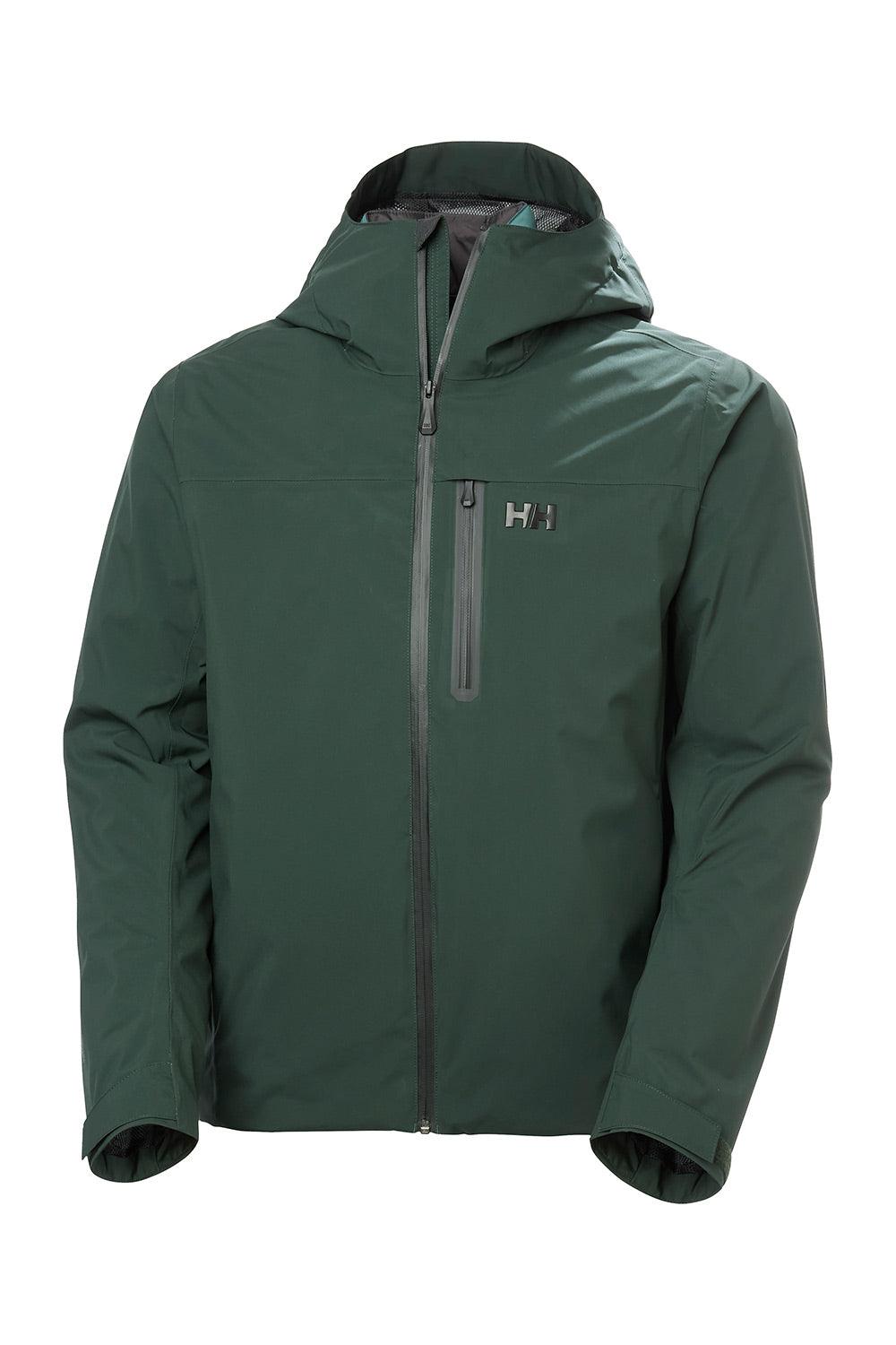 A dark green hooded jacket with a vertical zippered chest pocket and a small Helly Hansen logo, shown on a plain white background.