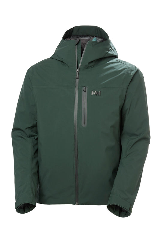 A dark green hooded jacket with a vertical zippered chest pocket and a small Helly Hansen logo, shown on a plain white background.