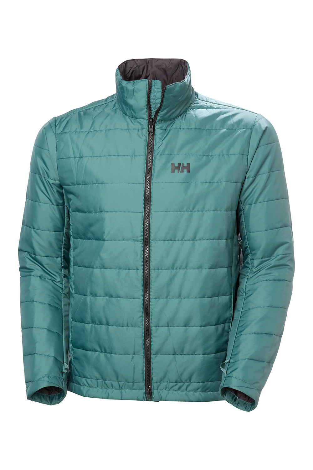 A teal green Helly Hansen puffer jacket with a black front zipper and a dark gray interior lining, shown against a plain white background.