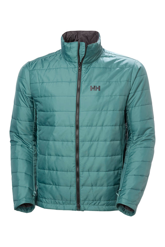 A teal green Helly Hansen puffer jacket with a black front zipper and a dark gray interior lining, shown against a plain white background.