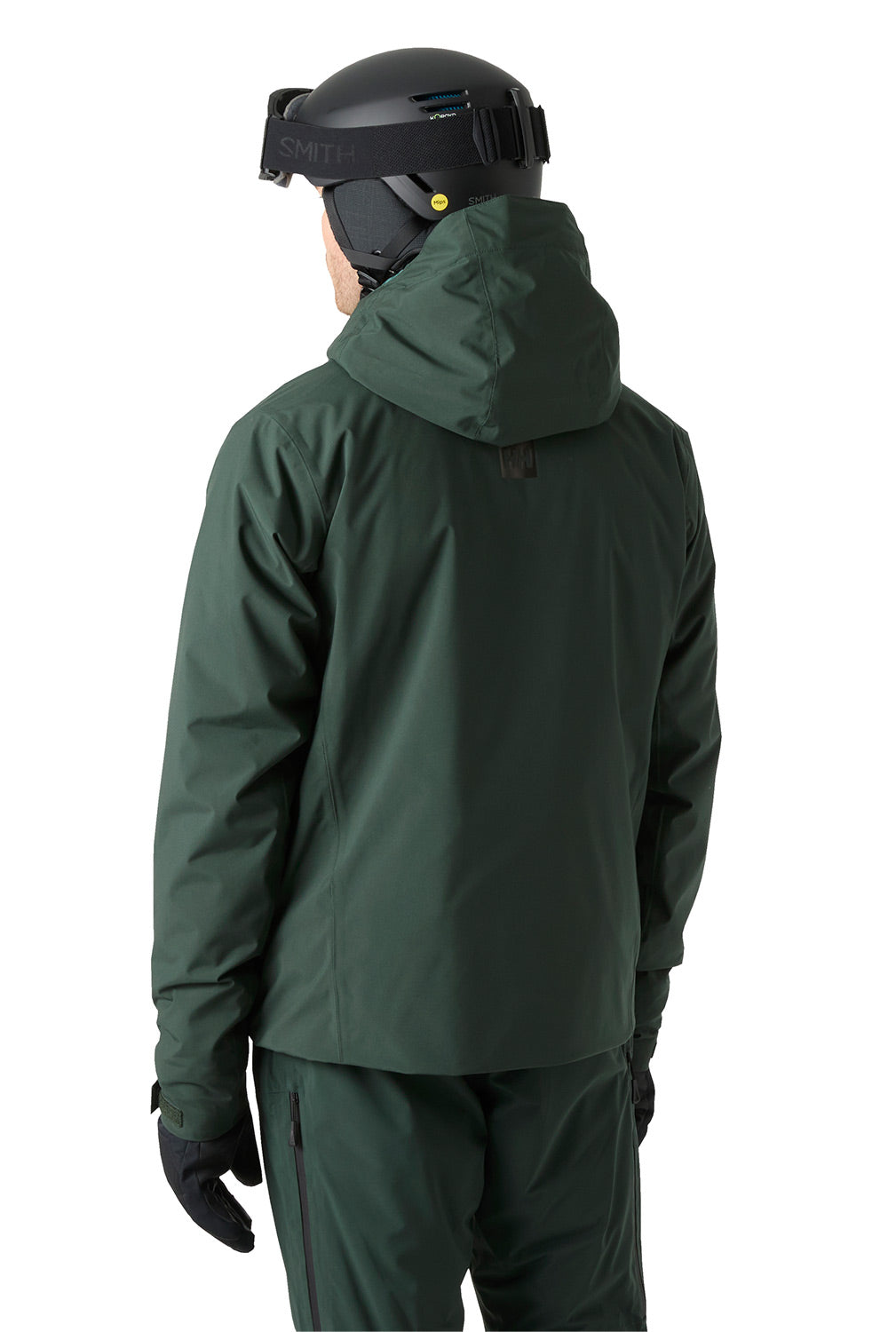 A person shown from the back wearing a dark green hooded jacket and matching dark green pants, with black gloves and a black helmet against a plain white background.