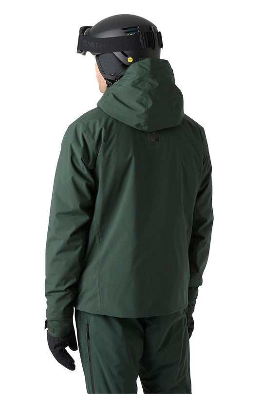 A person shown from the back wearing a dark green hooded jacket and matching dark green pants, with black gloves and a black helmet against a plain white background.