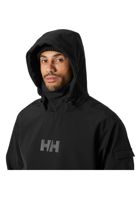 A man wearing a black hooded pullover jacket with a gray HH logo on the chest, photographed against a plain white background.