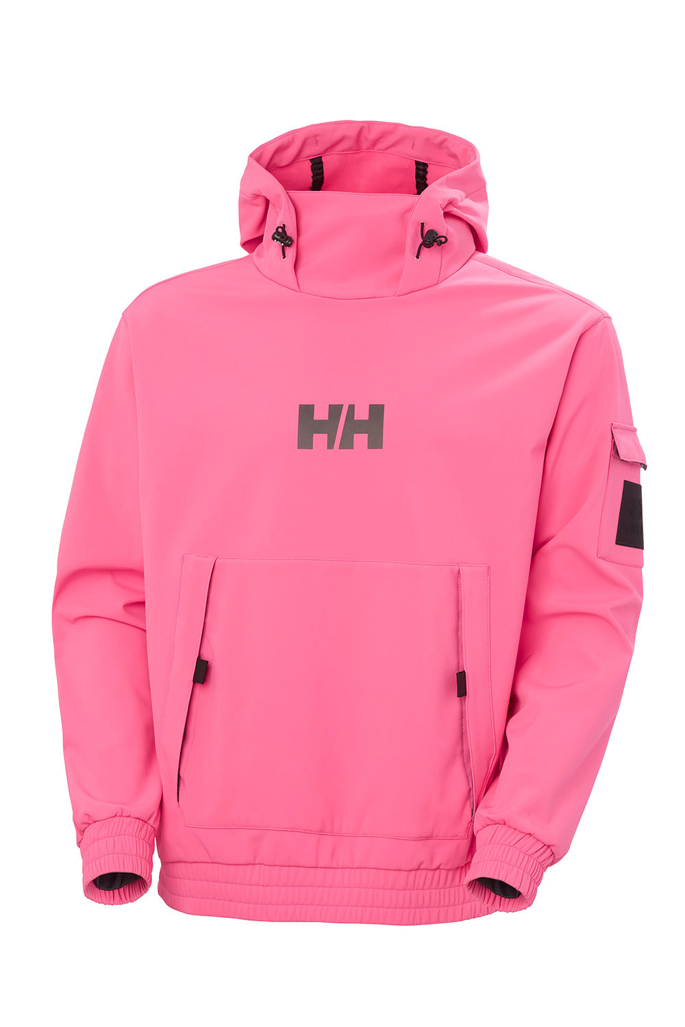 A bright pink hooded jacket with a dark gray Helly Hansen 'HH' logo on the chest, displayed on a clean white background.
