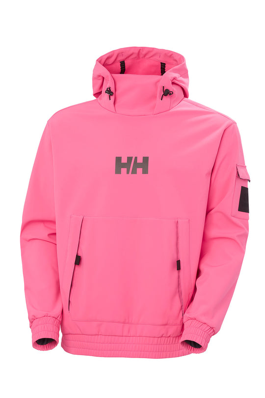 A bright pink hooded jacket with a dark gray Helly Hansen 'HH' logo on the chest, displayed on a clean white background.