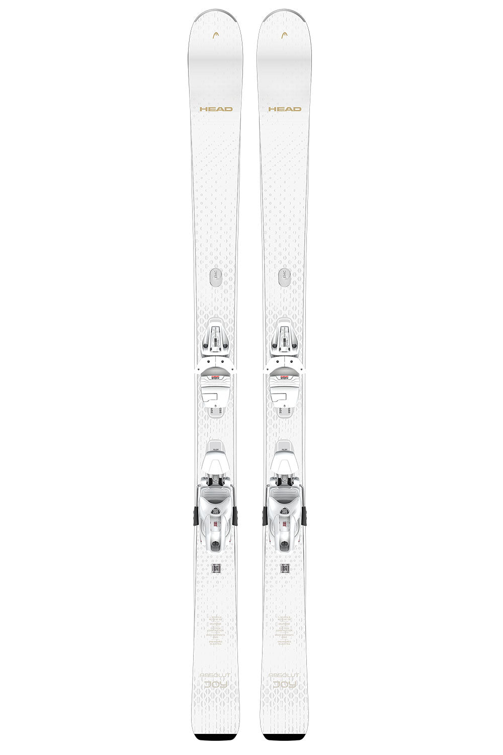 Pair of white skis with bindings on a white background