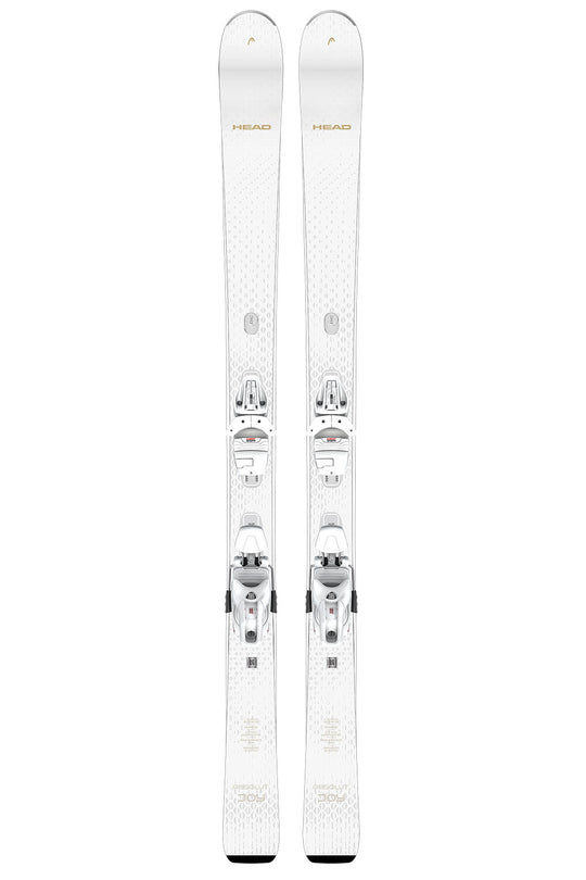 Pair of white skis with bindings on a white background