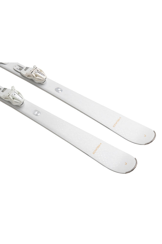 White skis with bindings on a white background