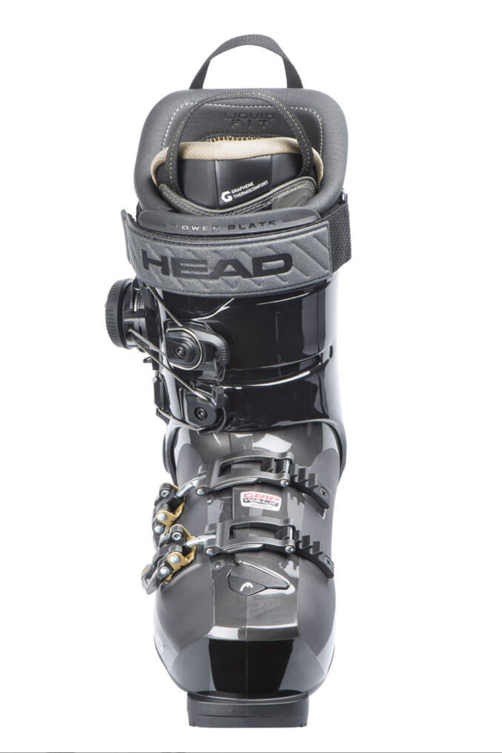 A single HEAD ski boot in glossy black and dark gray, shown from the front against a plain white background.