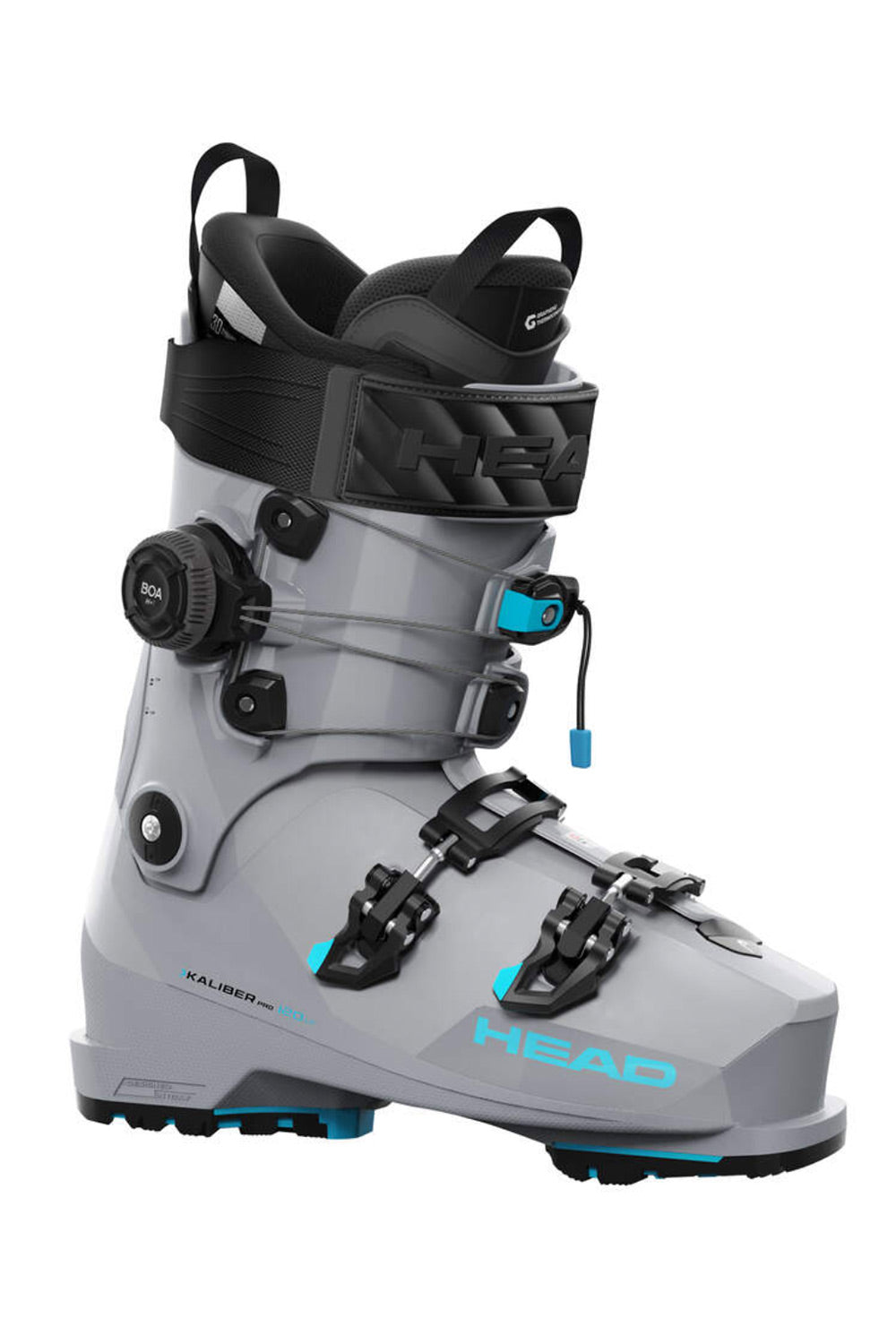 A Head ski boot in light gray with black buckles and straps, accented by bright blue details and the 'head' logo on the side, shown against a plain white background.
