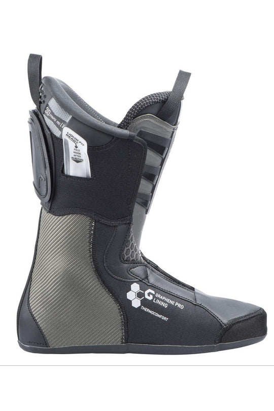 A single black and gray ski boot liner shown in a side profile on a white background. 