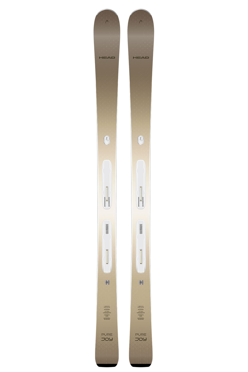 Pair of beige skis with brand logo on a white background