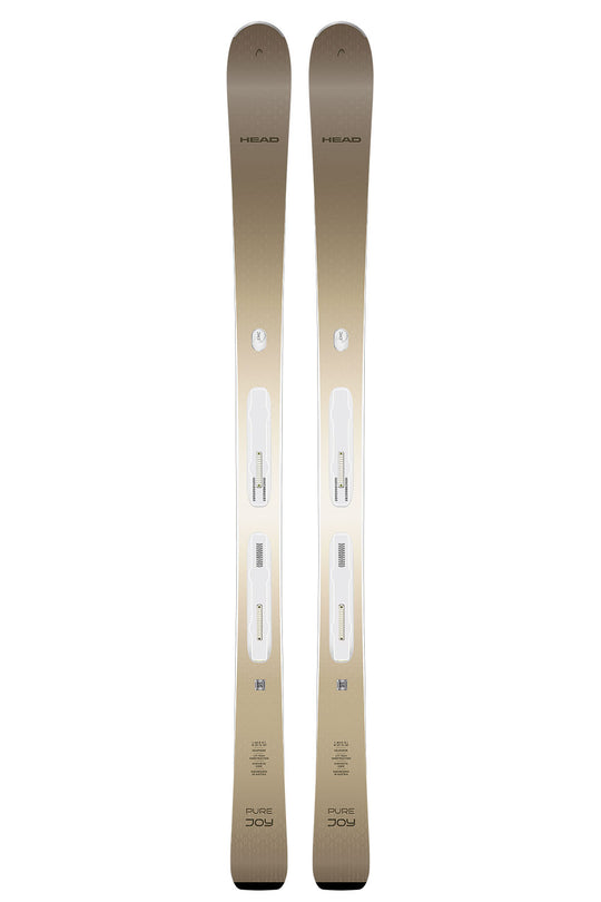 Pair of beige skis with brand logo on a white background
