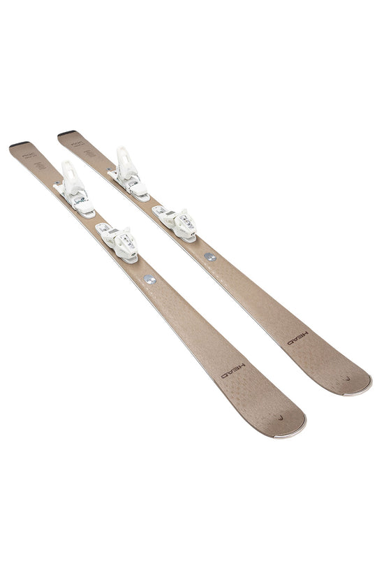 Pair of skis with bindings on a white background