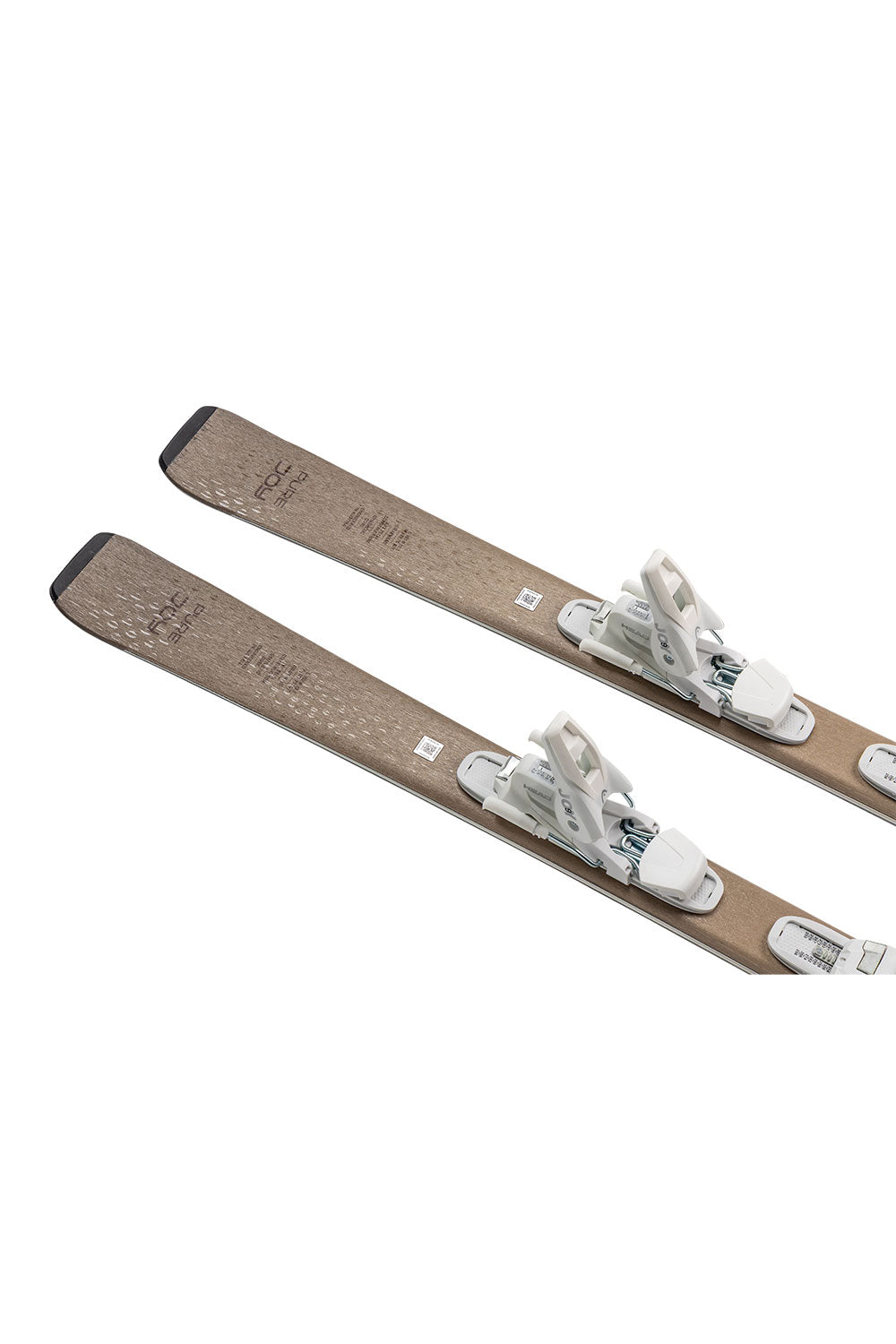 Pair of skis with bindings on a white background