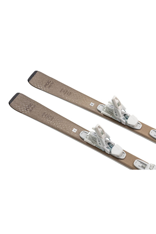 Pair of skis with bindings on a white background