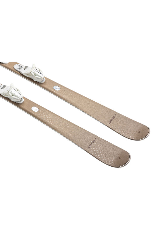 Pair of skis with bindings on a white background