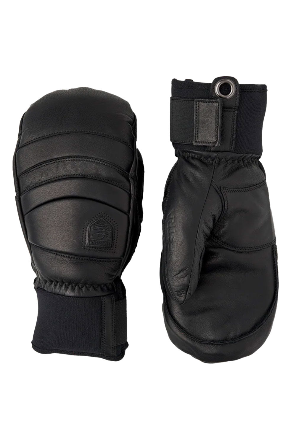 Pair of black leather mittens on a white background