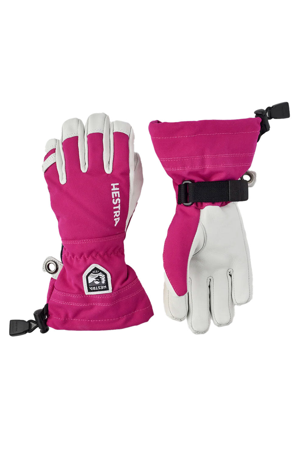 Pair of pink and white gloves with visible brand logo on a white background
