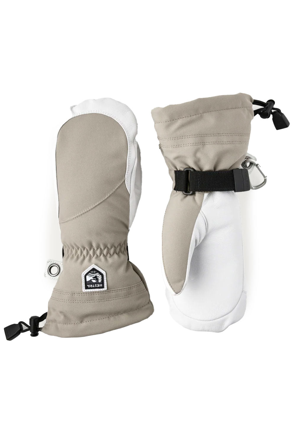 Pair of beige and white gloves with a brand logo on a white background