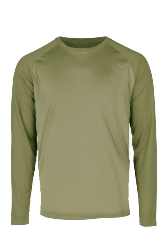 Olive green long-sleeve shirt on a white background