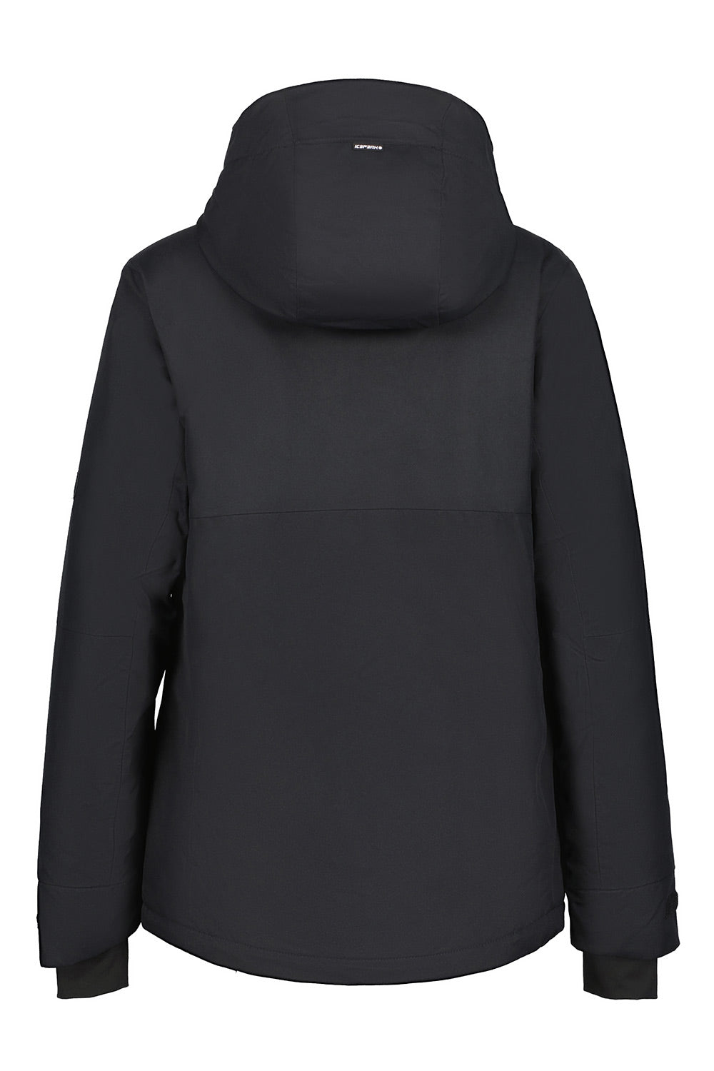 A black hooded jacket shown from the back, featuring a smooth matte finish and a subtle white 'ICEPEAK' logo on the inside of the hood, set against a plain white background.